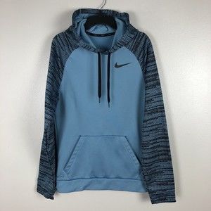 Nike Dri-Fit Hoodie Womens S Blue Black Swoosh Script Sleeves Kangaroo Pocket
